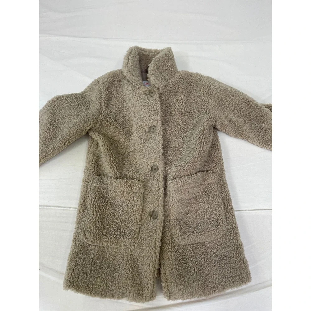 Cat & Jack Girls Tan Sherpa Faux Fur Button Front Teddy Coat Jacket Beige